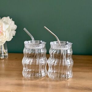 Ribbed Glass Iced Coffee Cups w Lids & Straws 18oz Wavy Lover Aesthetic